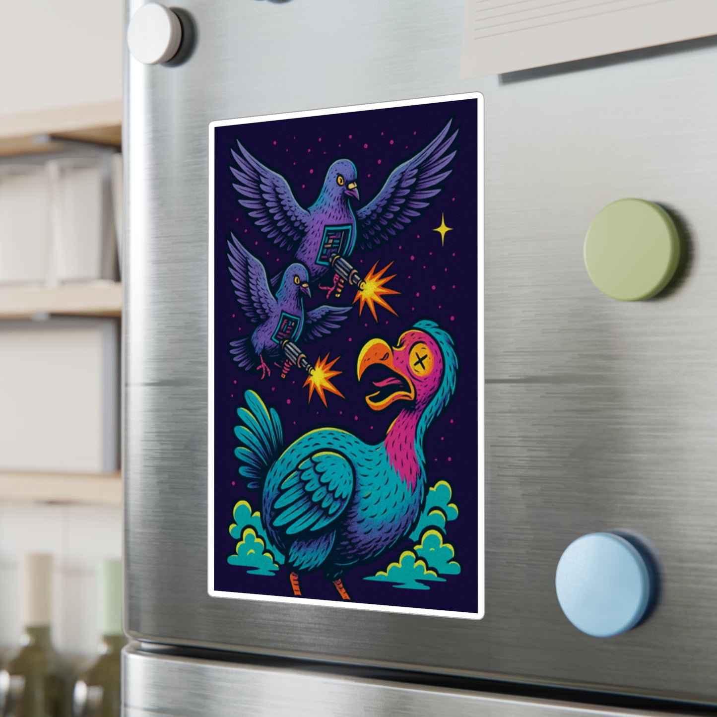 Colorful Cartoon Vinyl Decals - Fun Pigeon vs Turkey Design for Home Decor