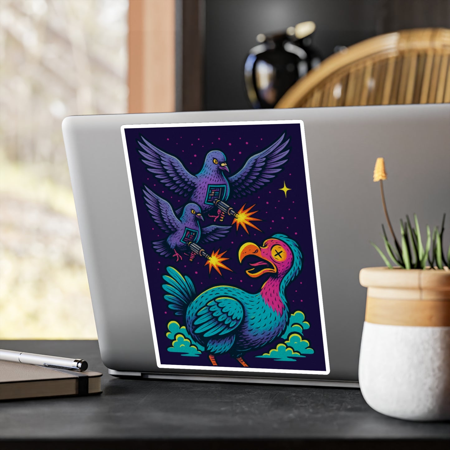 Colorful Cartoon Vinyl Decals - Fun Pigeon vs Turkey Design for Home Decor