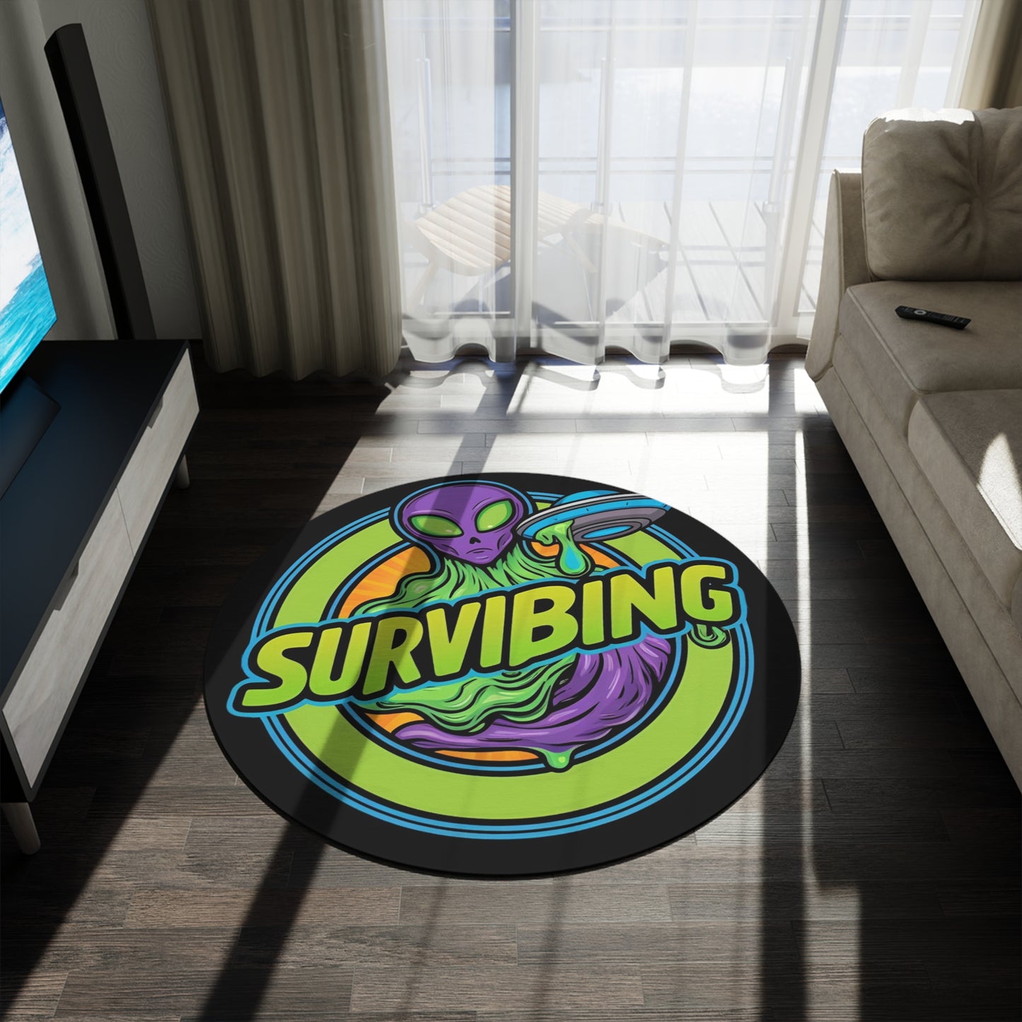Alien Theme Round Rug - 'Surviving' Design for Fun Home Decor