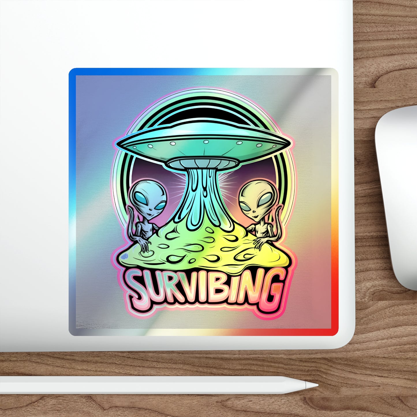 Holographic Alien Die-Cut Stickers - Fun 'Survibing' Design for Trendy Decor