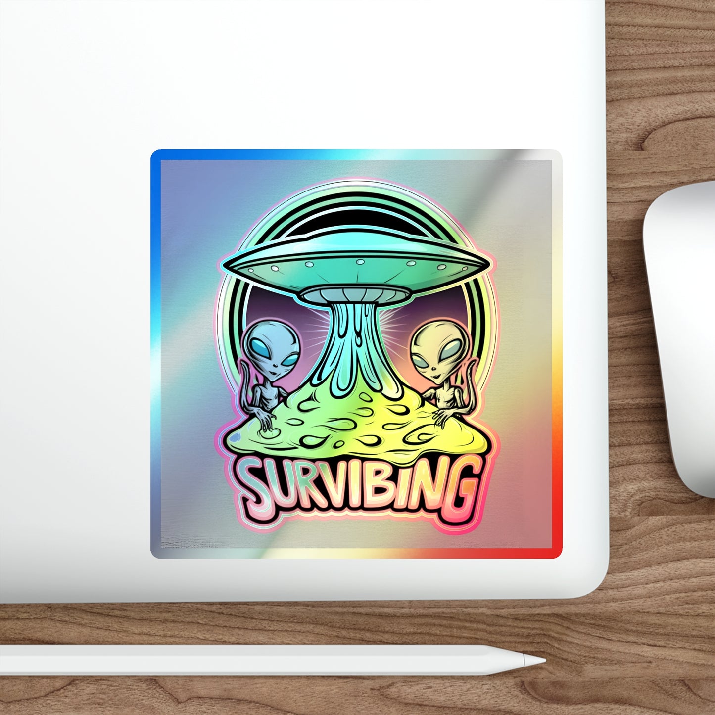 Holographic Alien Die-Cut Stickers - Fun 'Survibing' Design for Trendy Decor
