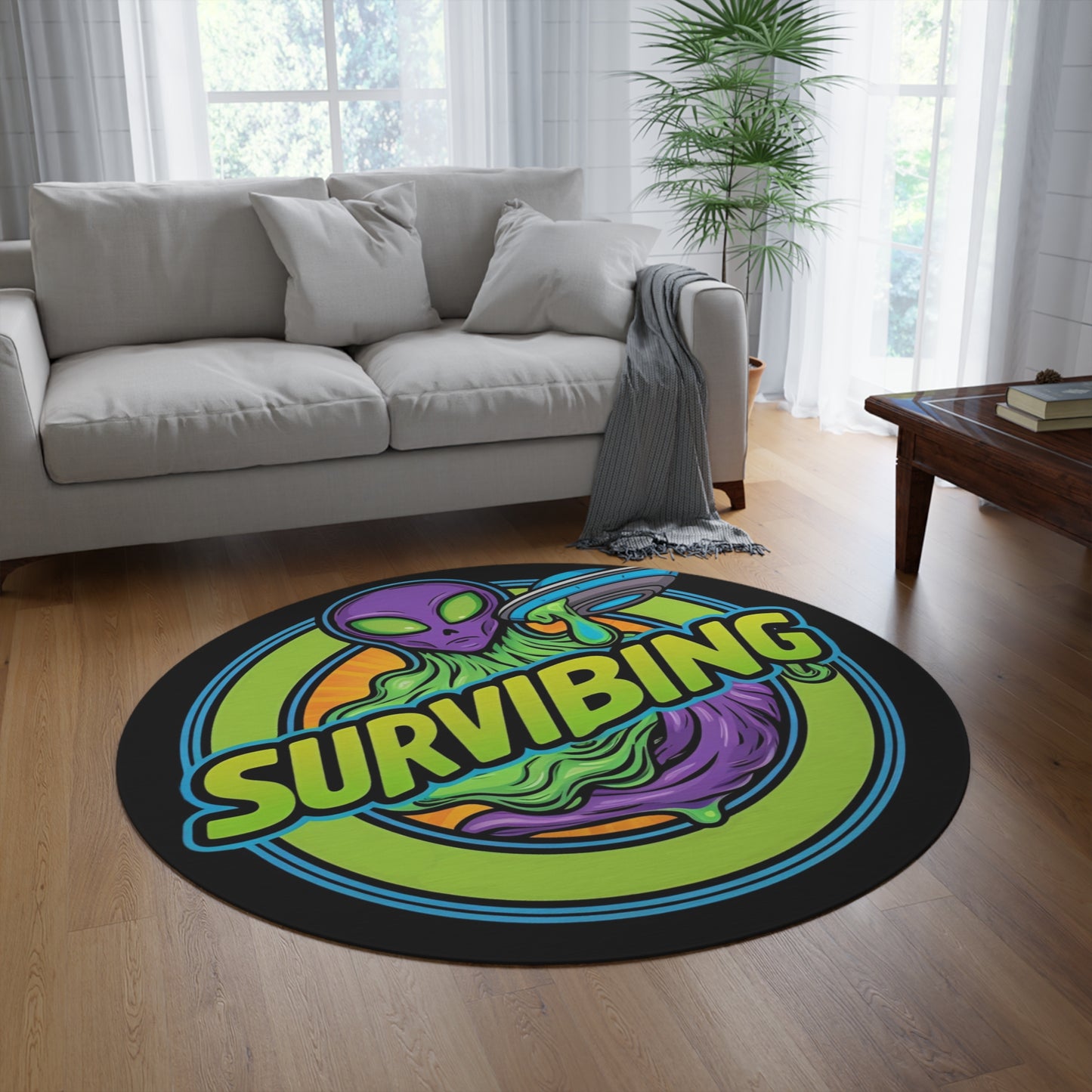 Alien Theme Round Rug - 'Surviving' Design for Fun Home Decor